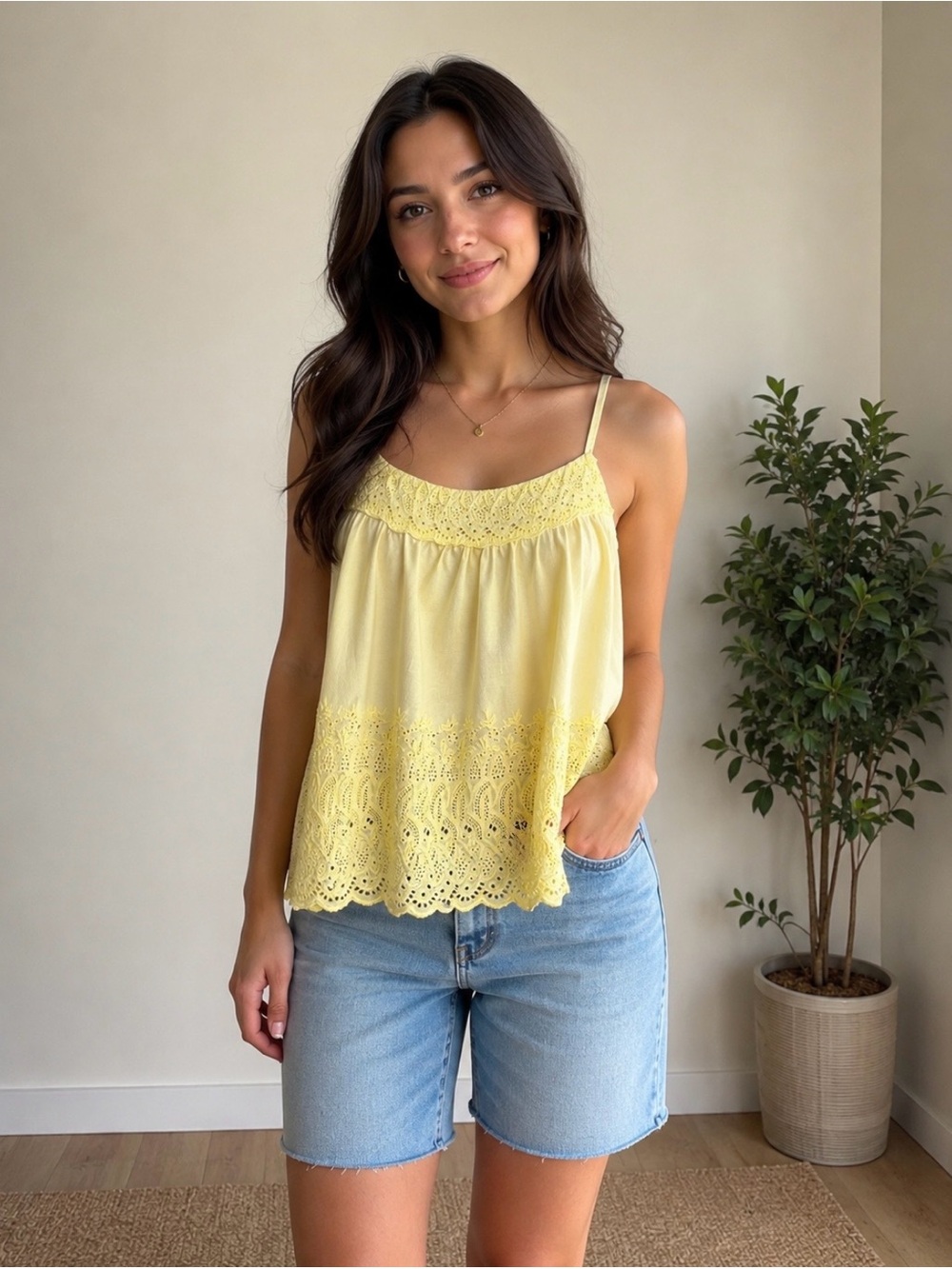 aerie Pale Yellow Lace-Trim Spaghetti Strap Top